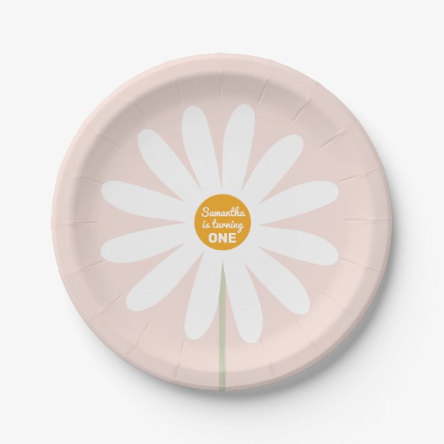 Daisy pink Boho Girl 1st birthday Paper Plates (Front)