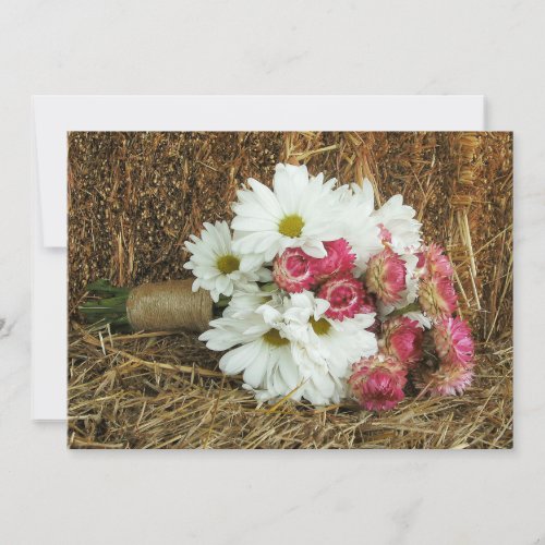 Daisy &amp; Pink Bouquet &amp; Hay Country Wedding Invite