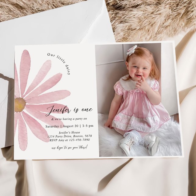 Daisy Pink Girl First Birthday Party Photo Invitation (Creator Uploaded)