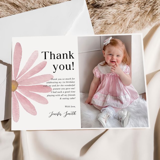 Daisy Pink Girl First Birthday Party Photo Thank You Card (Creator Uploaded)