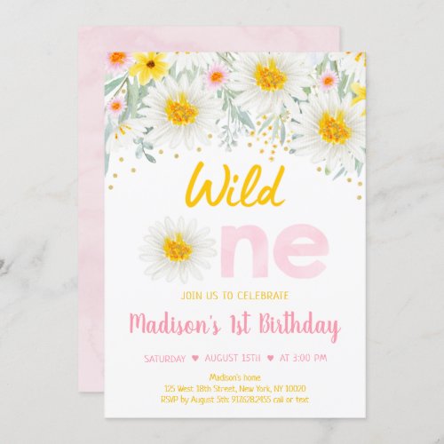 Daisy Pink Gold Wild One First Birthday Invitation