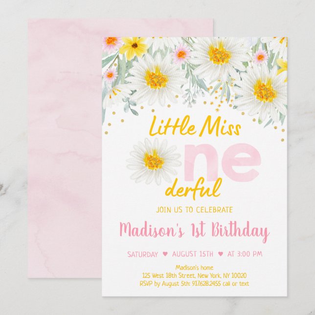 Daisy Pink Gold Wild One First Birthday Invitation (Front/Back)