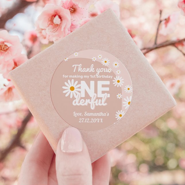 Daisy pink Miss onederful 1st Birthday Classic Round Sticker (Creator Uploaded)
