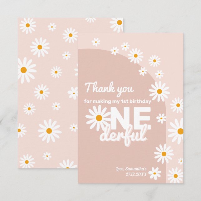 Daisy pink Miss onederful 1st Birthday Thank You Card (Front/Back)