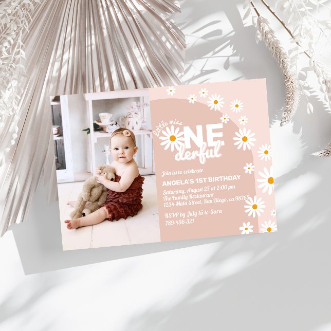 Daisy pink Miss onederful Girl 1st Birthday Photo Invitation (Creator Uploaded)