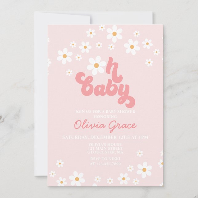 Daisy Pink Retro Groovy Baby Shower Invitation (Front)
