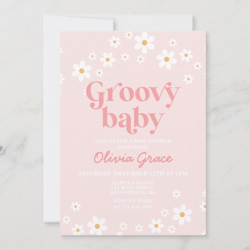 Daisy Pink Retro Groovy Baby Shower Invitation