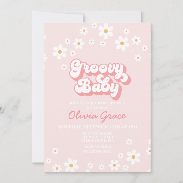 Daisy Pink Retro Groovy Baby Shower Invitation (Front)