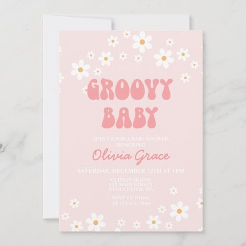 Daisy Pink Retro Groovy Baby Shower Invitation