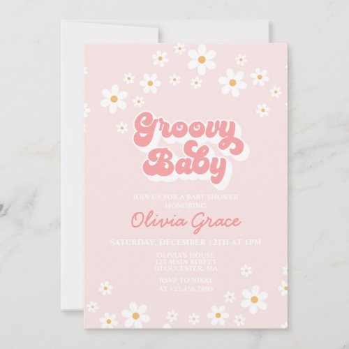 Daisy Pink Retro Groovy Baby Shower Invitation