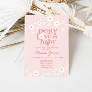 Daisy Pink Retro Peace Love Baby Shower Invitation