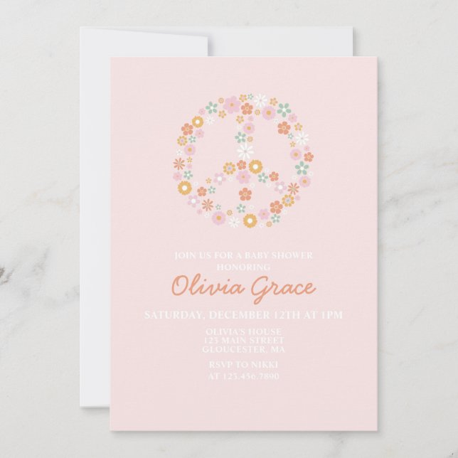 Daisy Pink Retro Peace Love Baby Shower Invitation (Front)