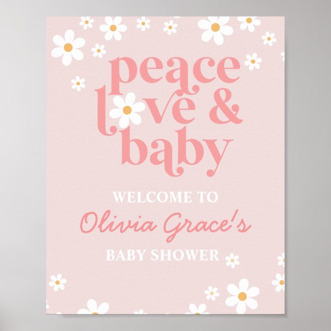 Daisy Pink Retro Peace Love Baby Shower Welcome Poster (Front)