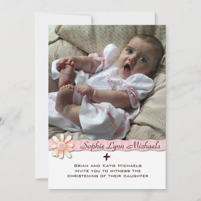Daisy Pink Ribbon Religious Photo Invitation (Front)