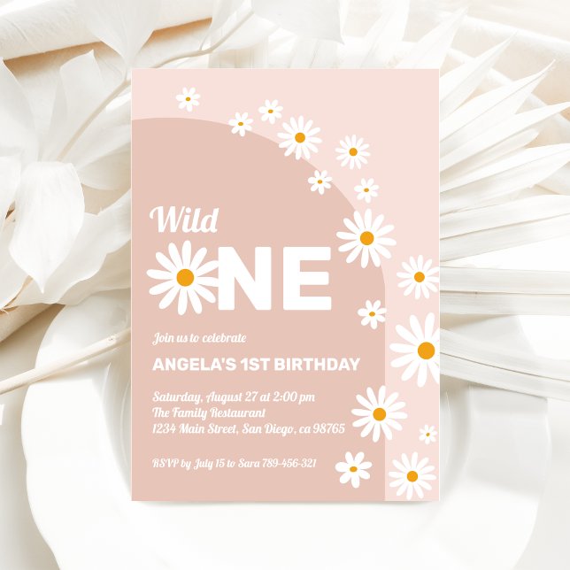 Daisy pink wild one Girl 1st Birthday Invitation
