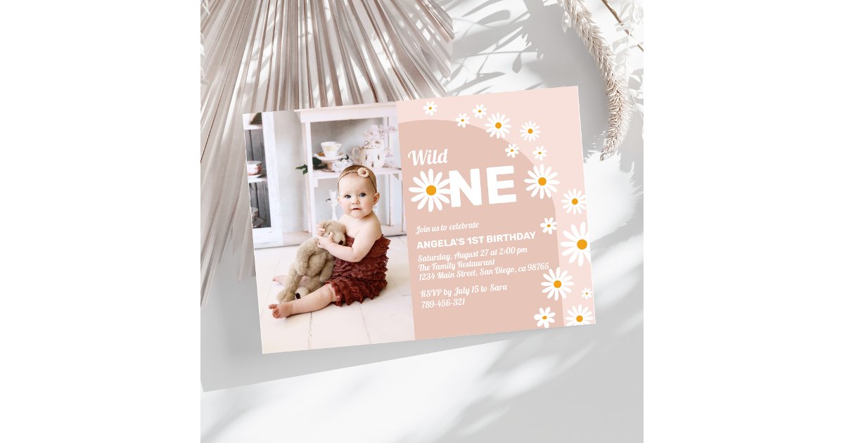 Daisy pink wild one Girl 1st Birthday Photo Invitation | Zazzle