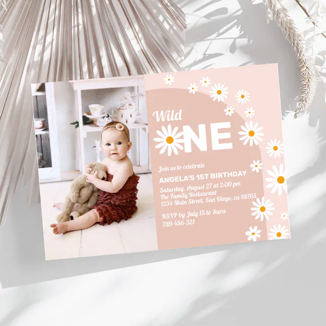 Daisy pink wild one Girl 1st Birthday Photo Invitation | Zazzle