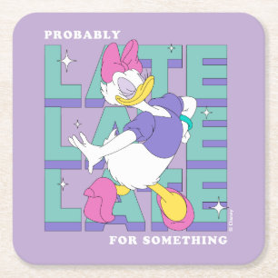 Daisy "Probably Late" Retro Statement Graphic Square Paper Coaster