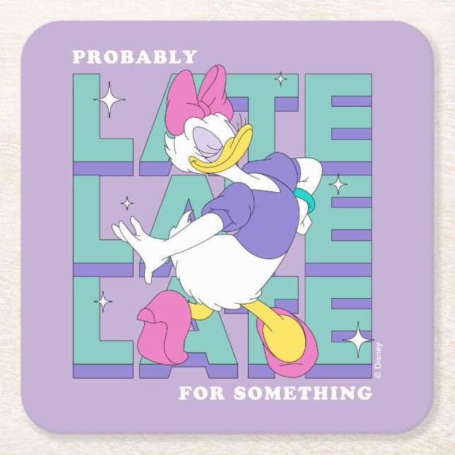 Daisy "Probably Late" Retro Statement Graphic Square Paper Coaster (Front)
