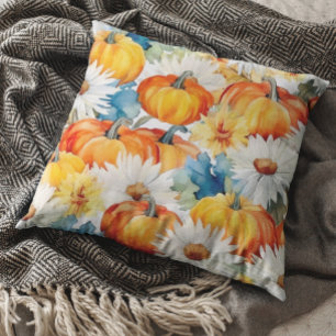 Daisy Pumpkin Autumn Thanksgiving  Floral Throw Pillow