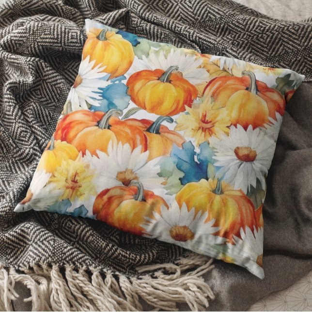 Daisy Pumpkin Autumn Thanksgiving  Floral Throw Pillow (Creator Uploaded)