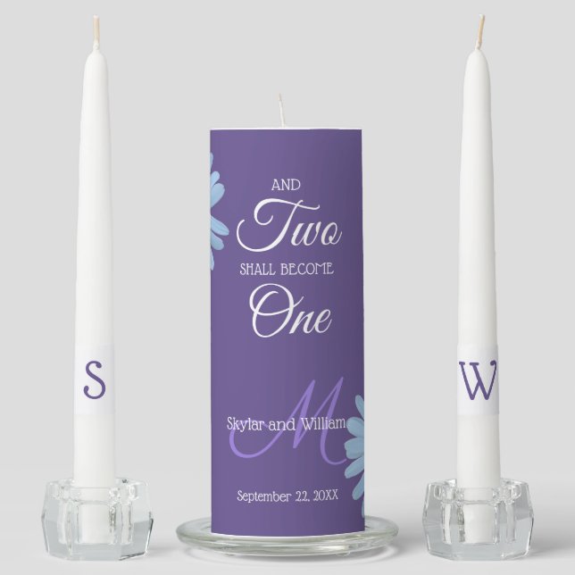 Daisy Purple Wedding Two Shall Become One Floral Unity Candle Set (Front)