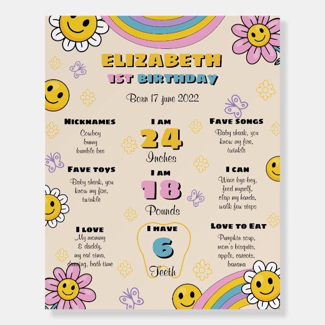 Daisy Rainbow First Birthday Milestones Sign (Front)