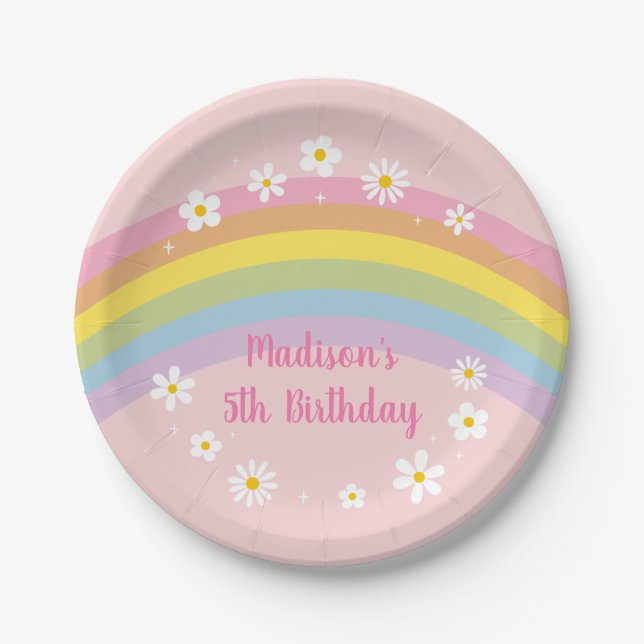 Daisy Rainbow Let's Party Retro Birthday Paper Plates (Front)