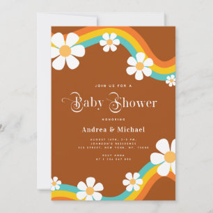 Daisy Rainbow Retro Typography Hippie Baby Shower Invitation