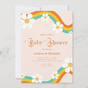 Daisy Rainbow Retro Typography Hippie Baby Shower Invitation