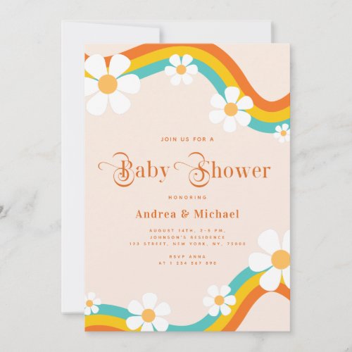Daisy Rainbow Retro Typography Hippie Baby Shower  Invitation