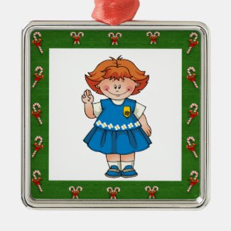 Daisy Red Hair Green Frame Candycanes Metal Ornament