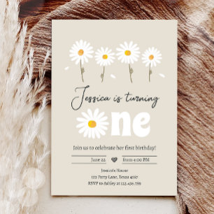 Daisy Retro Boho Party Creme Sand First Birthday Invitation