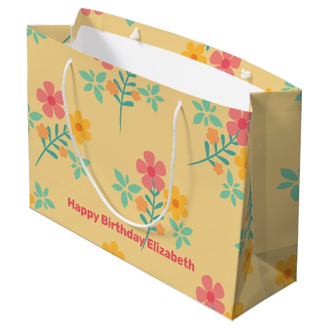 Daisy Retro Bouquet Pattern in Yellow Customized  Large Gift Bag (Back Angled)