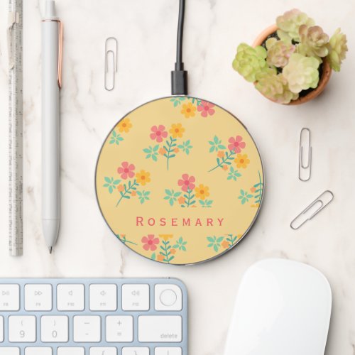 Daisy Retro Bouquet Pattern in Yellow Wireless Charger