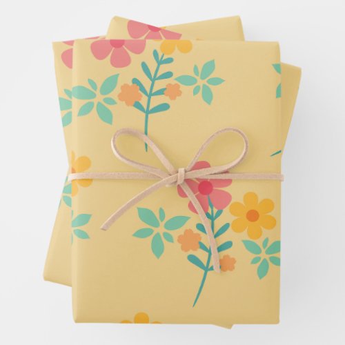 Daisy Retro Bouquet Pattern in Yellow Wrapping Paper Sheets