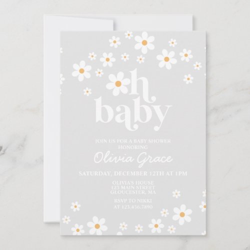 Daisy Retro Grey Floral Baby Shower Invitation