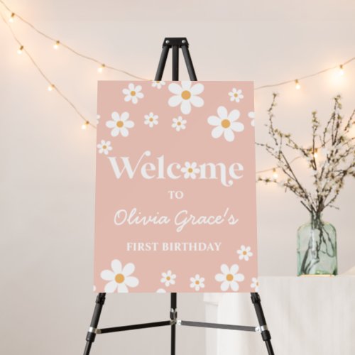 Daisy Retro Pink first birthday Welcome  Foam Board