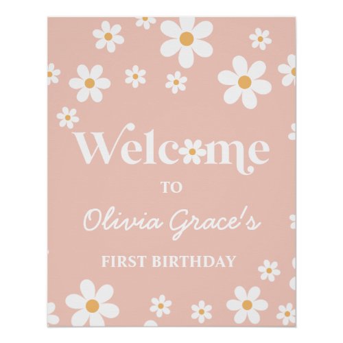 Daisy Retro Pink first birthday Welcome  Poster