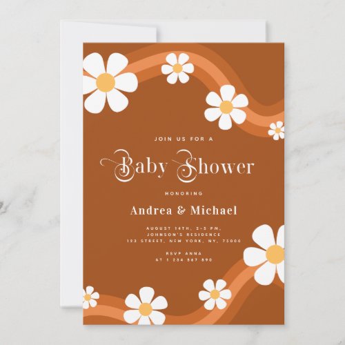 Daisy Retro Stripes Typography Hippie Baby Shower Invitation