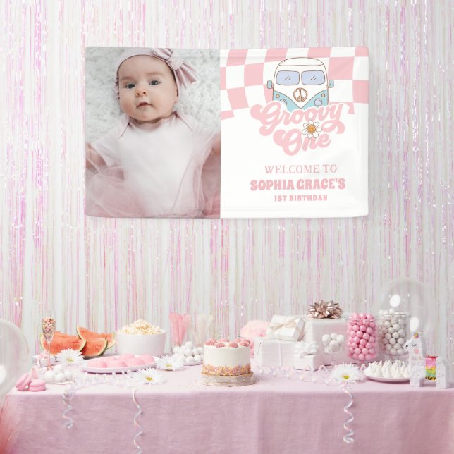 Daisy & Retro Van Pink Groovy One 1st Birthday Banner (Party)