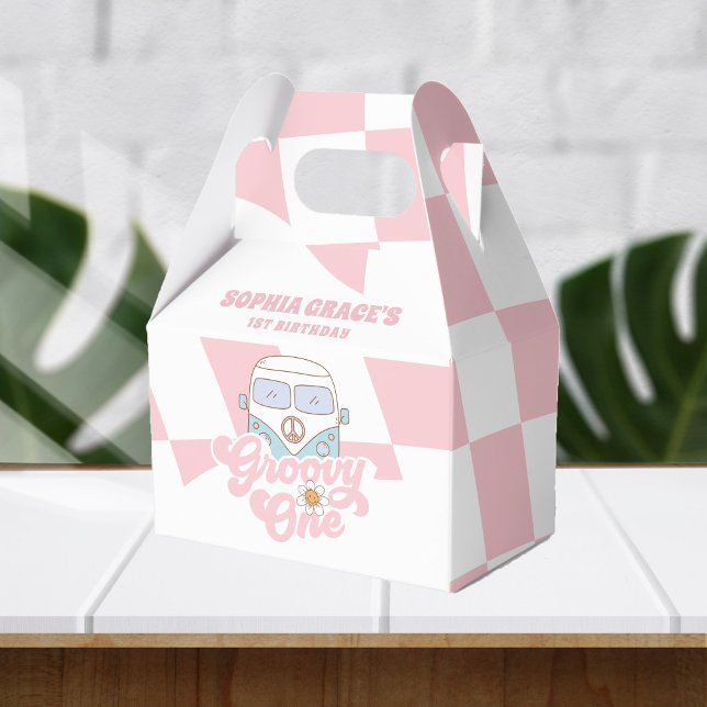 Daisy & Retro Van Pink Groovy One 1st Birthday Favor Boxes (Creator Uploaded)
