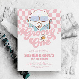 Daisy & Retro Van Pink Groovy One 1st Birthday Invitation