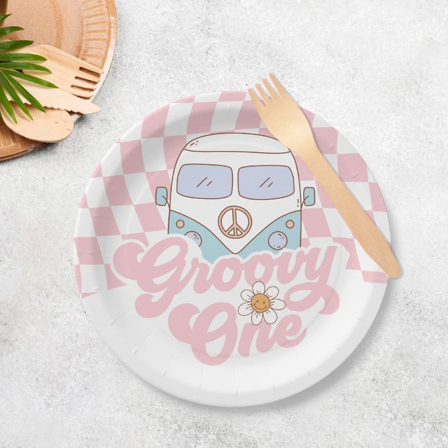 Daisy & Retro Van Pink Groovy One 1st Birthday Paper Plates (Creator Uploaded)