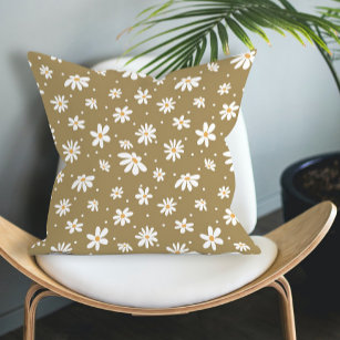 Daisy Retro Vintage 70s Floral Green Pattern Throw Pillow