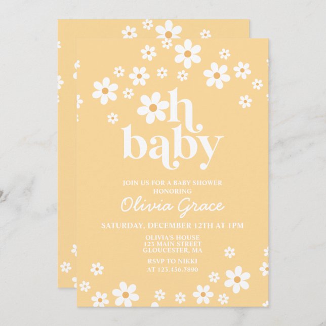 Daisy Retro yellow Floral Baby Shower Invitation (Front/Back)