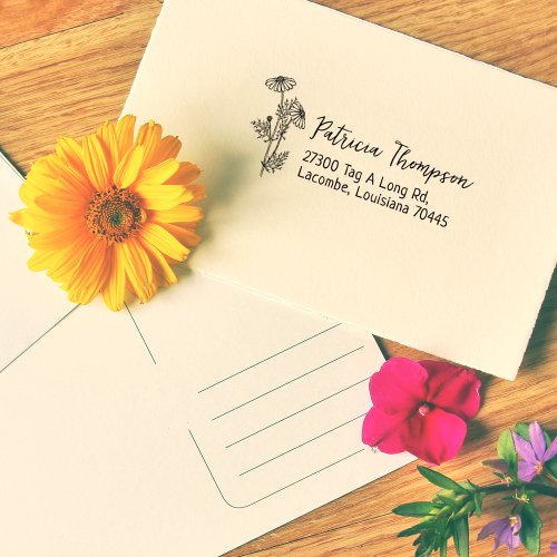 Daisy Return Address Simple Botanical  Rubber Stamp