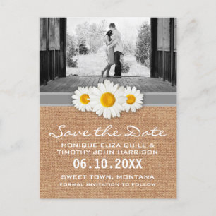 Daisy Ribbon - Burlap Gray & White Save the Date Announcement Postcard