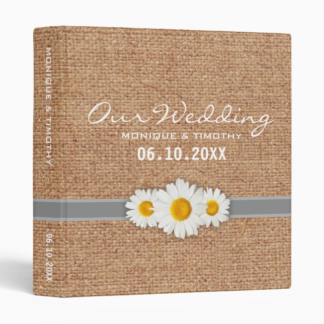 Daisy Ribbon Burlap - Yellow Gray & White Wedding Binder (Front/Spine)
