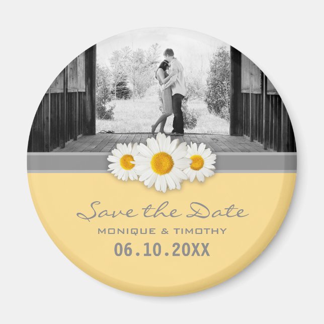 Daisy Ribbon - Yellow Gray & White Save the Date Magnet (Front)